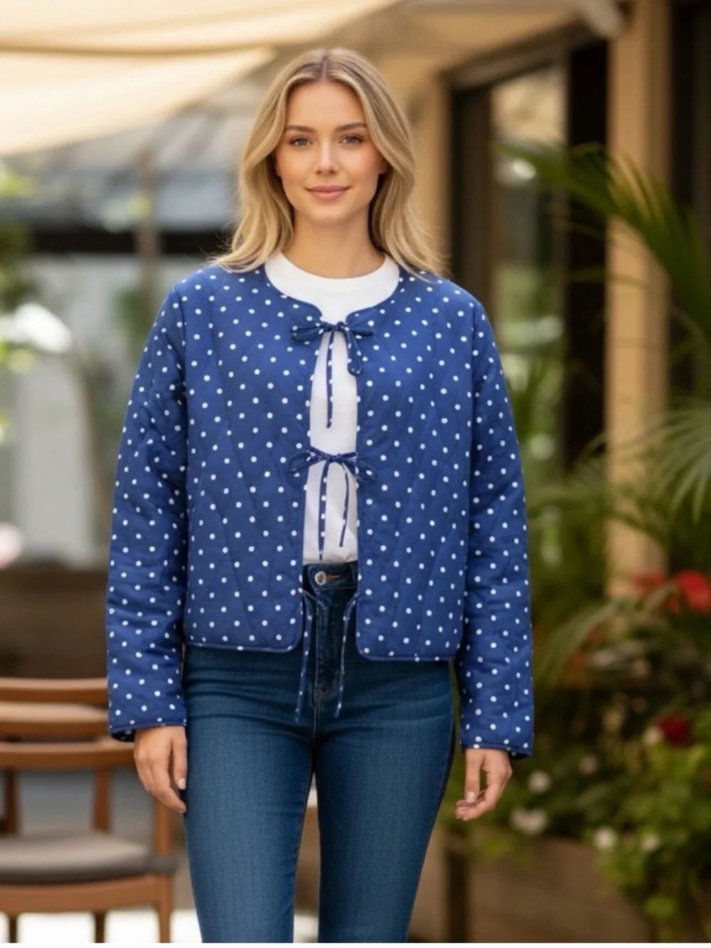 Avec Les Filles -Blue and White Polka Dot Quilted
Crop Jacket